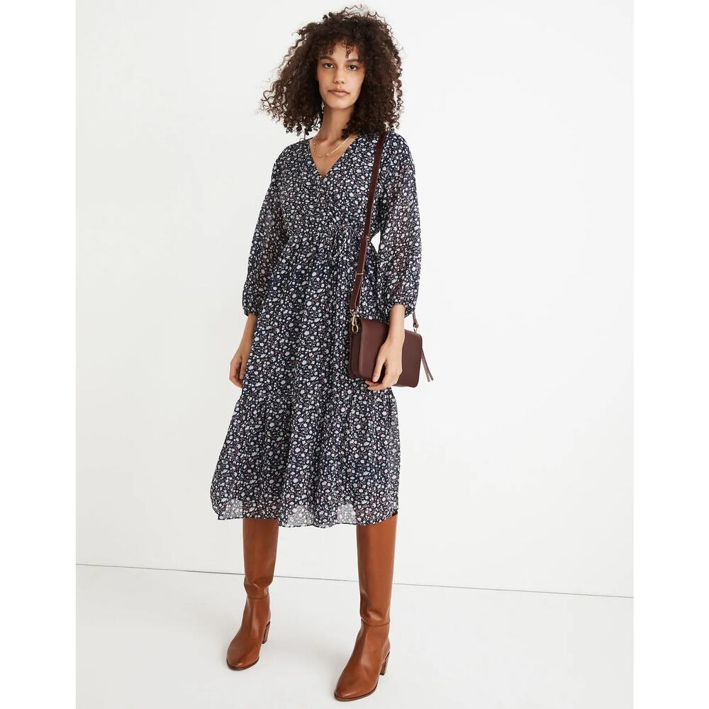 NEW Madewell Tie Waist Midi Dress in Harvest Deep Navy Vine Size XS - Picture 11 of 11